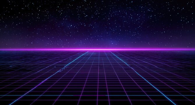 Neon grid receding into starry violet space, reminiscent of 80's aesthetic