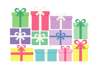 Illustration of colorful gift boxes with ribbons and bows.