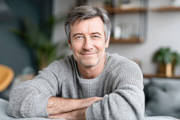 A smiling middle-aged man in a cozy, modern setting, wearing a gray sweater, exudes warmth and approachability.