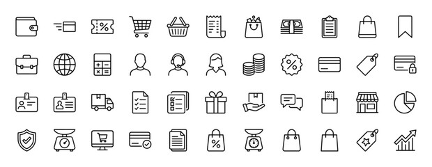 E-commerce line icon set. Vector pictograms of shopping bags, wallets, shopping carts, credit cards, discounts, delivery trucks, and store fronts, thin linear illustration.