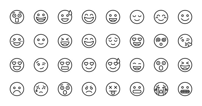 Emoji and emoticon line icon set. Vector pictograms of happy, sad, angry, surprised, laughing, crying, winking, and confused faces, thin linear illustration.