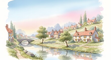 Watercolor Painting of a Quaint English Village on a Hillside with Stone Bridge, River, Traditional Cottages, and Soft Pastel Sky