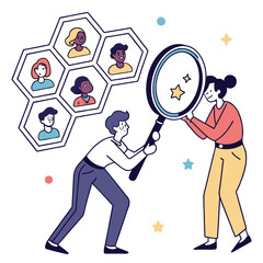 Two people using a magnifying glass to examine a honeycomb structure with diverse people profiles