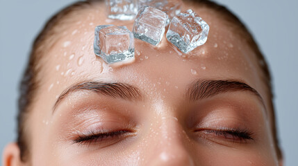 Close up of ice cubes on smooth moisturized forehead, water droplets on skin, refreshing skincare, relaxation, healthy complexion, closed eyes, cooling sensation
