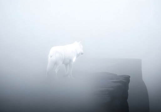 A white wolf standing on a cliff in a foggy environment - Powered by Adobe