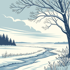 Serene winter landscape with a winding river flowing through snow covered fields and bare trees