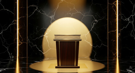 Podium in golden spotlight on marble stage