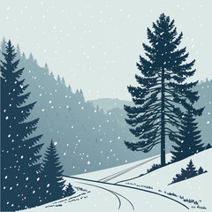 Obraz premium Serene winter landscape with snow falling on pine trees and a winding road through a forest