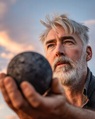 A man with gray hair and a beard holds a dark spherical object, gazing at it against a backdrop of clouds during sunset.