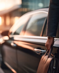 A close-up of a person holding a briefcase near a luxury car, with a soft sunset glow highlighting the scene.