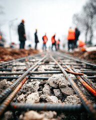 A construction site scene with steel rebar in focus, while workers in safety vests are blurred in the background, indicating active development.