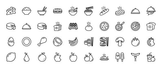 Food and cuisine line icon set. Vector pictograms of rice, noodles, sandwich, soup, cheese, steak, pizza, sushi, chicken, fruits, vegetables, and drinks, thin linear illustration.