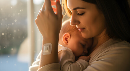 mother gently cradles her baby in soft morning light, wearing subtle bio sensor patch on her arm. serene moment captures bond between them