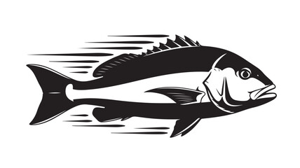 Dynamic black and white snapper fish illustration perfect for fishing enthusiasts, seafood restaurants, and nautical themes with its sleek design and energetic feel