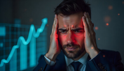 businessperson experiencing stress and pressure while analyzing financial data, with digital graph in background. intense expression reflects challenges of decision making in competitive environment