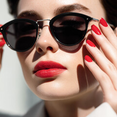 A stylish woman with bold red lips and manicured nails adjusts her sunglasses, exuding confidence and elegance in a sunlit setting.