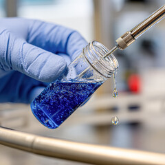 A close-up of a gloved hand holding a small vial filled with blue liquid, showcasing a drop about to fall, exemplifying a scientific or laboratory setting.
