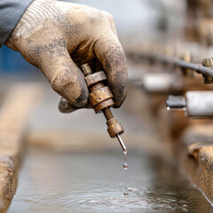 A close-up of a gloved hand holding a rusty tool above water, with droplets falling, highlighting industrial maintenance work.