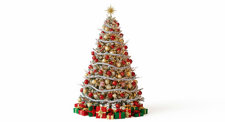 Obraz premium Decorated Christmas tree with red and gold ornaments gifts at the base festive holiday celebration concept on white background