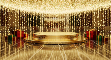 Podium with golden lights and gifts