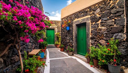 Picturesque alleyway with stone walls, bright green doors, vibrant flowers, and cobblestone path on a sunny day