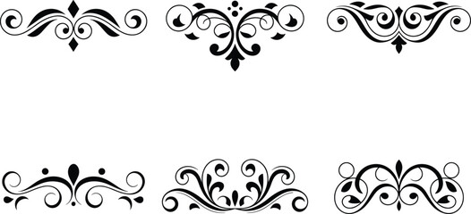 Set of six ornamental vintage flourishes, elegant black and white decorative swirls, classic vector elements for invitations and design