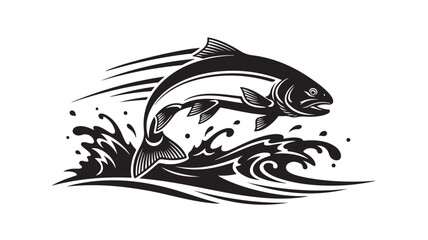 Dynamic salmon leaping from the water in bold monochrome design perfect for outdoor adventure brands and fishing enthusiasts seeking a powerful, striking symbol, ready for commercial use