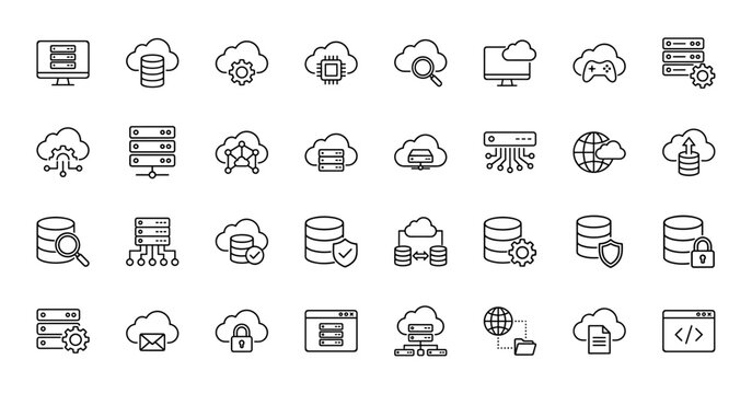 Cloud computing line icon set. Vector pictograms of cloud, database, server, network, security, data storage, and IT management, thin linear illustration.