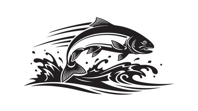 Dynamic salmon leaping from the water in bold monochrome design perfect for outdoor adventure brands and fishing enthusiasts seeking a powerful, striking symbol, ready for commercial use