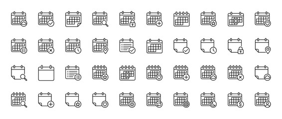 Calendar and schedule line icon set. Vector pictograms of dates, events, tasks, reminders, planning, and appointments, thin linear illustration.
