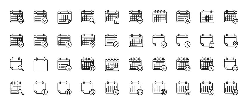 Calendar and schedule line icon set. Vector pictograms of dates, events, tasks, reminders, planning, and appointments, thin linear illustration.