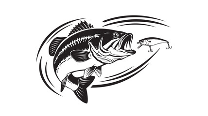 Exciting black and white bass jumping for a lure, perfect for fishing enthusiasts and outdoor adventure promotions, offering a dynamic and eye catching design for any project