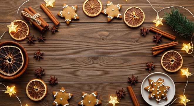 Festive Christmas frame with gingerbread cookies dried oranges and cinnamon sticks creating a cozy holiday atmosphere on a wooden backgr