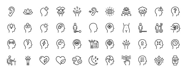 Psychology and mental health line icon set. Vector pictograms of brain, thought, emotion, stress, idea, meditation, problem, sleep, and focus, thin linear illustration.