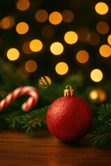 Obraz premium Red Christmas ornament with festive lights and candy cane on wooden surface, evoking warm holiday atmosphere