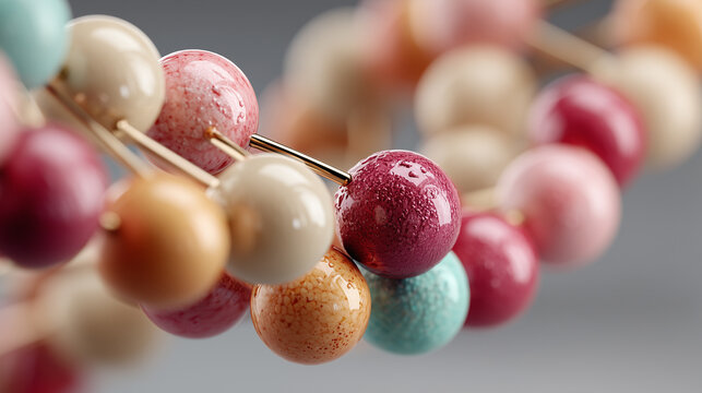 Glossy multicolored spheres connected by thin golden rods form an abstract structure against a softly blurred background.
