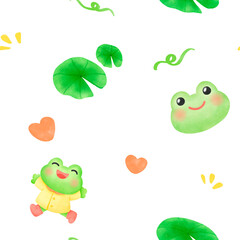Frog with Lotus Leaf Seamless Pattern, Background	