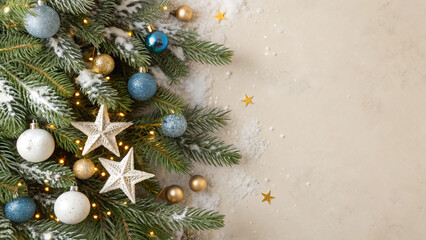 Christmas tree decorations concept. spruce branches in snow star ornaments, white blue gold baubles and glowing confetti on beige background with copyspace