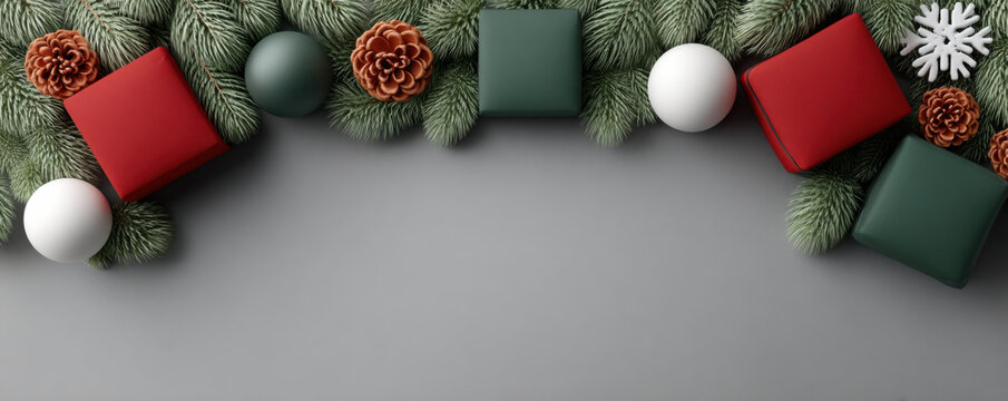 Festive Christmas decorations with pine branches, red and green gift boxes, pinecones, and ornaments on gray background - Powered by Adobe
