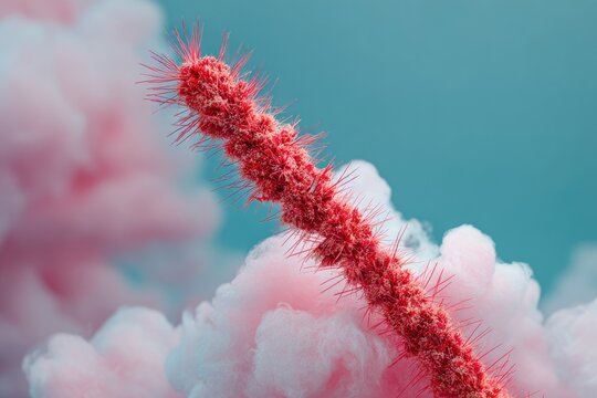 A vibrant, stylized, red, bristled structure emerges from fluffy pink and blue vapor