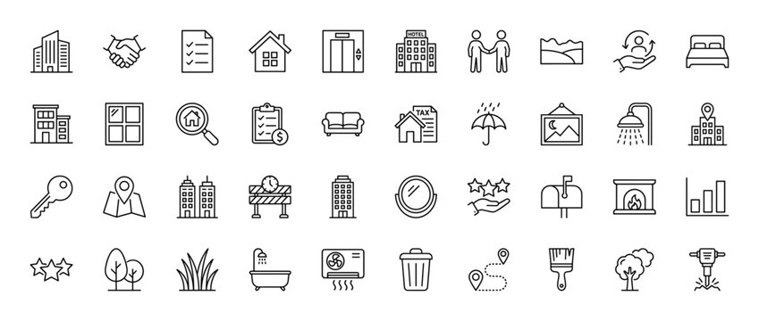 Real estate and home services line icon set. Vector pictograms of house, building, checklist, handshake, hotel, bed, shower, key, fireplace, and jackhammer, thin linear illustration.