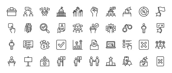 Politics and elections line icon set. Vector pictograms of capitol building, ballot box, voting, protest, online election, and speaker, thin linear illustration.