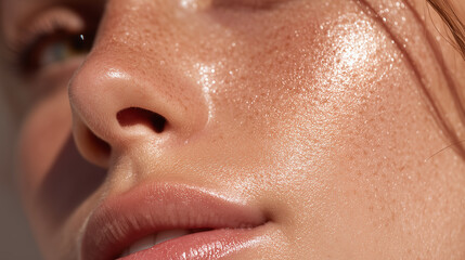 Fototapeta premium Luminous skin glowing complexion close up natural freckles smooth texture radiant healthy youthful golden light beauty