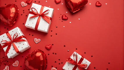 Top view of valentine's day decorations white gift boxes with red ribbon bows, red heart shaped balloons, small hearts and confetti on red background with copyspace