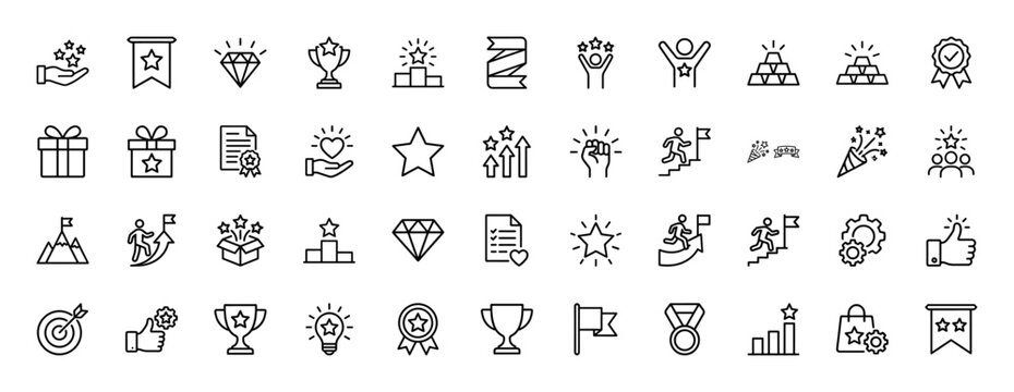 Success and achievement line icon set. Vector pictograms of trophies, stars, podiums, medals, certificates, and gold bars, thin linear illustration.
