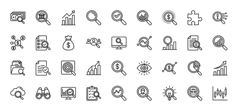 Business analysis line icon set. Vector pictograms of magnifying glass, charts, money, documents, folders, cloud, users, puzzle, insights, binoculars, and clock, thin linear illustration.