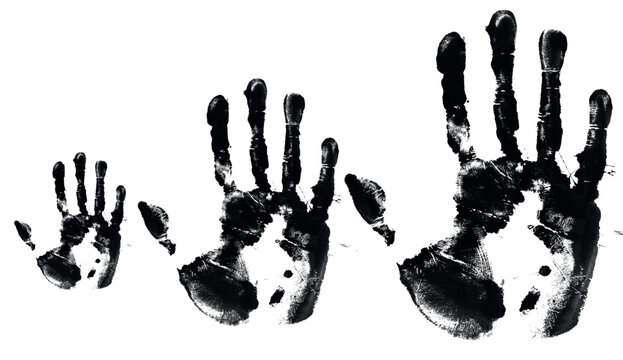 Handprints in black on a white background.  Isolated on a translucent background, a vector handprint in the style of hand-drawn digital art