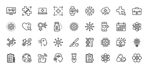 Digital healthcare line icon set. Vector pictograms of smart medical devices, DNA research, pharmaceuticals, telemedicine, and health innovations, thin linear illustration.