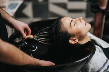 A client reclines with eyes closed as a stylist washes her hair in a glossy black salon sink. The scene captures spa-like calm and beauty treatment in progress.