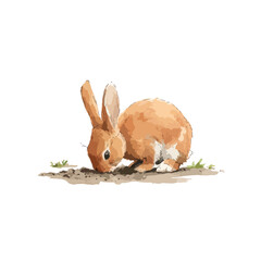 Cute Rabbit Foraging Watercolor Illustration on White Background.